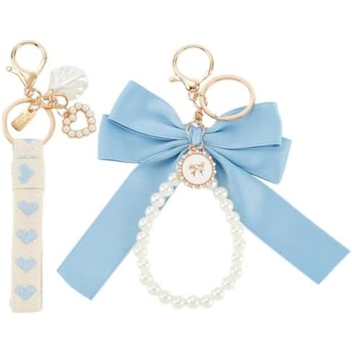 CRASPIRE Bowknot Pearl Keychain Blue Women with Wristlet Bracelet Lobster Clasp Cute Bag Charm Keyri