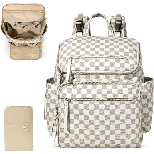 Omanmoli Checkered Diaper Bag Backpack Large Baby Diaper Bag Leather with 17 Diaper Bag Organizing Pouches,Changing Pad,Stroller Straps,4 Insulated Pockets,Beige&Honey