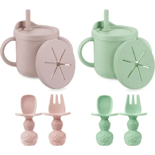PandaEar 2 Pack Silicone Baby Straw & Snack Cup with 2 Spoons 2 Forks, Dual-Purpose Toddler Training Cups, Pink Green