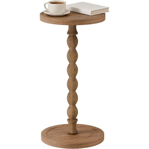 Small Side Table, Rubberwood‌ Drink Table for Small Spaces, Solid Wood Pedestal Coffee Tables, Round End Tables for Living Room, Sofa Couch, Bedroom, Corners, and Office (Brown, 11.81 inch)