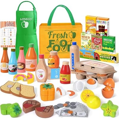 Lonico Wooden Play Food Toys for Kids, Market Grocery Store Toys with Snack & Shopping Bag & Apron for Toddlers, Pretend Play Kitchen Accessories Christmas Birthday Gift for Girls Boys 3 4 5 6