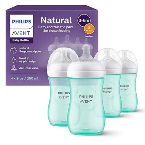 Philips Avent Natural Baby Bottles with Natural Response Nipples (Medium Flow, Flow 3), 9oz, Blue, 4-Pack, SCY903/24