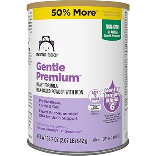 Amazon Brand - Mama Bear Gentle Premium Baby Formula Powder, DHA for Brain Support, Immune Blend 6, 2'FL HMO, For Fusiness, Crying & Gas, 33.2 Ounce (Pack of 1)