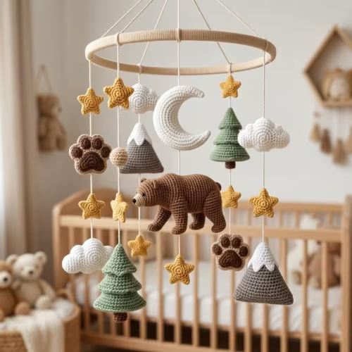 Crochet Bear Baby Mobile, Woodland Crib Mobile, Mountain Nursery Decor, Handmade Baby Shower Gift, Forest Nursery Mobile