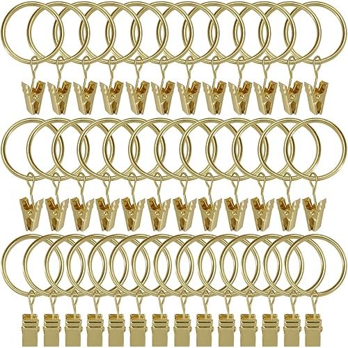 40 Pack Gold Curtain Rings with Clips, Curtain Hooks Hangers Clip Rings for Hanging Drapes Bows Hat, Drapery Rings 1.26 in I D, Fits up to 1 in Diameter Curtain Rod.