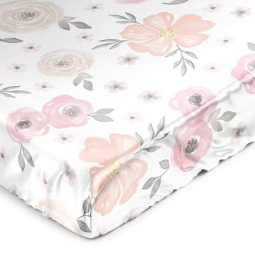 Sweet Jojo Designs Girl Satin Fitted Crib Sheet Watercolor Floral Blush Pink Grey White Gray