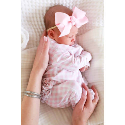 Peter Pan Collar Ruffle Zipper Footie | Rosy Gingham