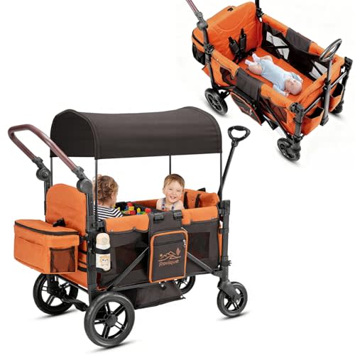 Rovique Wagon Stroller for 2 Kids, Convertible Baby Wagon with Bassinet Mode, Removable Canopy, Snack Tray, 5-Point Harness, All-Terrain PU Wheels, Adjustable Push Pull Handle (Orange)