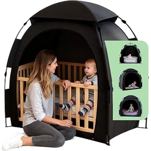 Blackout Tent for Pack and Play, Portable Baby Sleep Pod with 1-Click Set Up, Block 95% Light Breathable Baby Travel Crib Canopy Tent for Babies and Toddlers