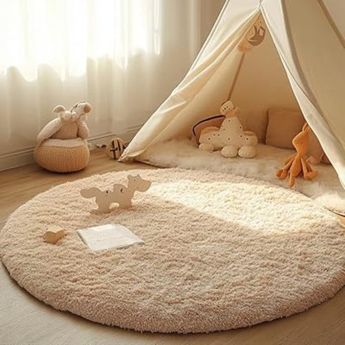 Round Rugs for Bedrooms Fluffy Living Room Circle Area Rug Soft Shaggy Carpet for Kids Room Floor Mat (Khaki, 160cm)