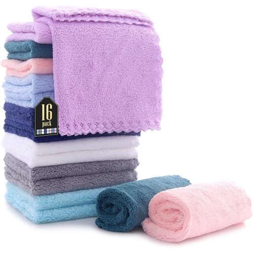 16 Pack Baby Washcloths - Luxury Multicolor Coral Fleece - Extra Absorbent and Soft Wash Clothes for Newborns, Infants and Toddlers - Suitable for Sensitive Skin and New Born - Baby Shower, 10x10 Inch