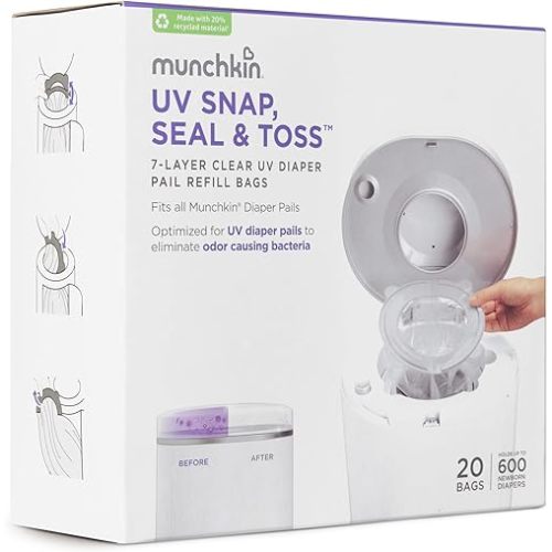 Munchkin® UV Snap, Seal & Toss™ Diaper Pail Refill Bags, Holds up to 600 Newborn Diapers, 20 Pack