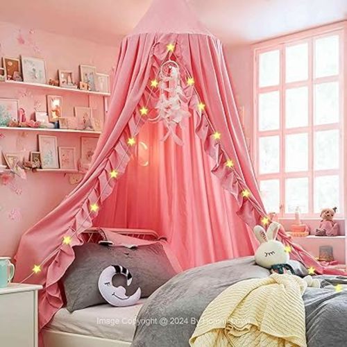 Kids Bed Canopy, Dreamy Frills Canopy for Girls Bedroom Soft Ceiling Hanging Decoration Princess Canopy Net Reading Nook, Extra Large Full Size Bed Canopies with Light - Pink