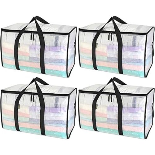 BALEINE 4-Pack Oversized Moving Bags with Reinforced Handles, Heavy-Duty Storage Tote for Clothes, Moving Supplies (Clear, 4-Pack)