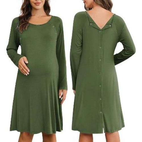 Ekouaer Women Maternity Nightgown Labor Delivery Nursing Gown Hospital Breastfeeding Dress Button Down Long Sleeve Sleepwear Green M