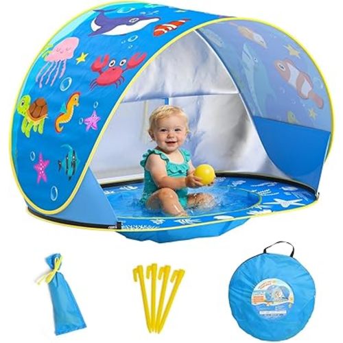 Baby Beach Tent with Pool, Pop Up Beach Tent UV Protection Sun Shelter for Infant Toddlers, Portable Shade Pool Tents Baby Beaches Essentials with Carry Bag for Outdoor, Travel, Camping
