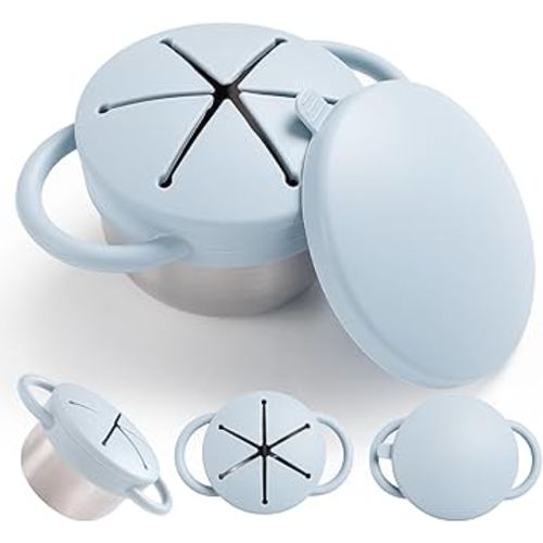 1 Pack Snack Containers for Toddlers, 3-in-1 Stainless Steel Toddler Snack Cups with Removable Silicone Food Catcher & Travel Lids, No-Spill Snack Container for Baby Self-feeding