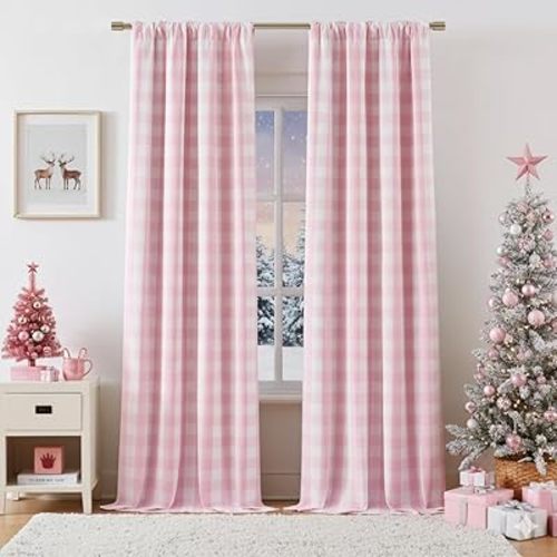 Pink White Buffalo Plaid Full Blackout Curtains 84 Inches Long,Girls Room Thermal Insulated Drapes for Bedroom Living Room,Modern Window Treatment,Rod Pocket Back Tabs,Pink/White(Pack of 2)