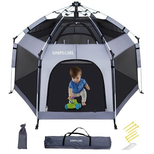 Premium in Door and Out Door Baby Playpen - Portable, Lightweight, Pop Up Pack and Play Tod-dler Play Yard w/Canopy and Travel Bag - Grey