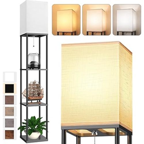 Floor Lamp with Shelves for Living Room, Shelf Floor Lamp with 3 CCT LED Bulb, Corner Display Standing Column Lamp Etagere Organizer Tower Nightstand with White Linen Shade for Bedroom, Office