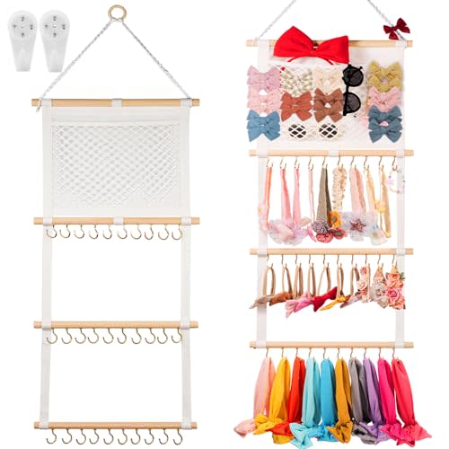 Headband Holder Bows Organizer for Girls Hair Bows, Large Capacity Headband Hair Accessories Organzier with 30 Hooks Wall Hanging Over Door Organizer Nursery Decor for Baby's Room