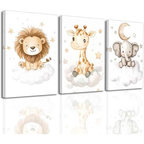 BJYCHG Safari Baby Room Decor Yellow Nursery Wall Art Set of 3 Cute Lion Elephant Giraffe Poster Pictures Watercolor Clouds Canvas Prints Kids Room Decor (12x16inx3 Pieces)