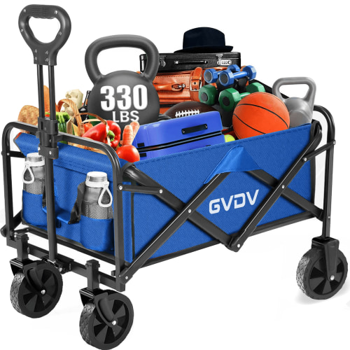 GVDV Collapsible Wagon Cart, Portable Utility Wagon for Camping, Beach, Picnic, Shopping, Sports, and Grocery Transport, Blue