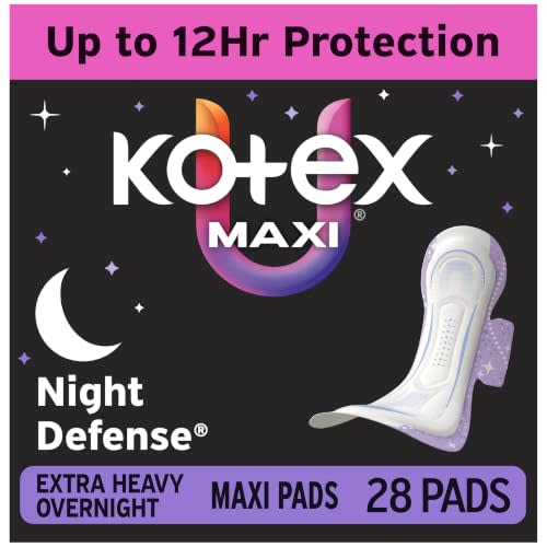 Kotex Overnight Maxi Pads, Wings, Extra Heavy, 28 Count | Period Pad, Xpress Dri Core, Night Defense, Back Barrier, Side Guards, Breathable Soft Touch Cover, Clean & Dry Feel