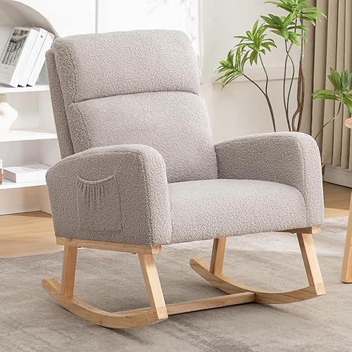 Rocking Chair Nursery, Sherpa Nursing Rocking Chairs, Upholstered Nursery Glider Rocker for Mom Nursery Morden Accent Rocking Chair with Side Pocket for Living Room,Bedroom,Teddy Gray