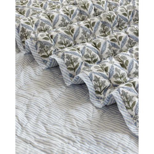 Hand Block Print Cotton Quilt: Blue Floral Meadow, Reversible Boho Bedding