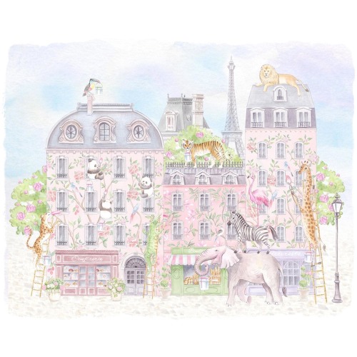 Safari Animals in Paris Watercolor Art Print: Chinoiserie Nursery Decor