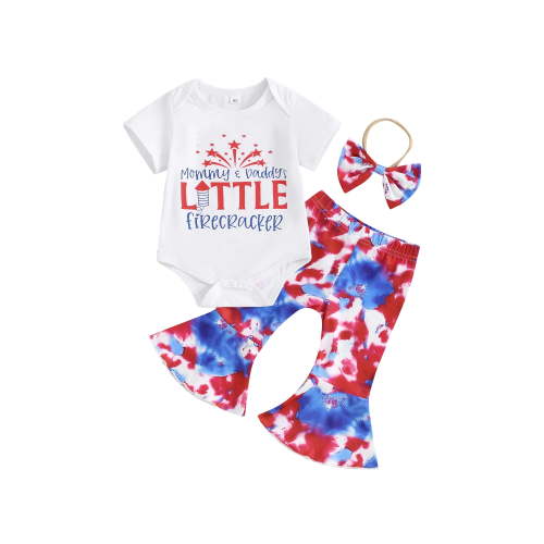 Hirigin 4th Of July Baby Girl Outfit Newborn Fourth Of July Short Sleeves Romper Tie-Dye Flare Pants Headband Set