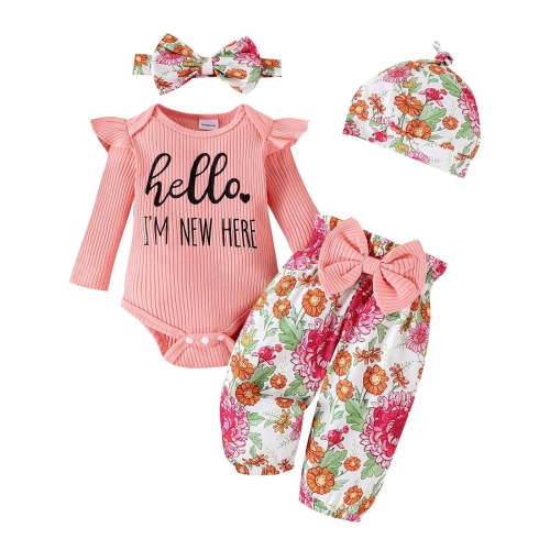 Utlike Girls Outfit Sets Baby Clothes Outfits Rib Knit Bodysuit Romper Floral Pants Headband Hat Clothing Home Outfit Girls Playtime Sets Size 0 Months-3 Months