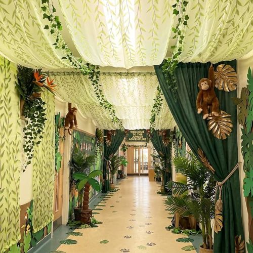 4 Pcs Willow Classroom Ceiling Decor Jungle Theme Ceiling Canopy 47.2 x 23.6 Inch Green Leaf Sheer Mesh Light Glare Reducing Decor for Back to School Preschool Kindergarten Daycare Hallway