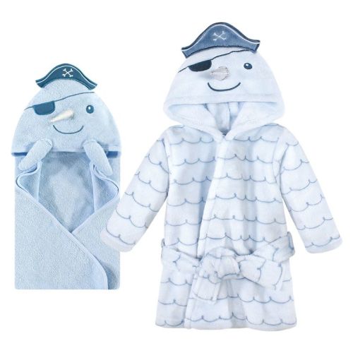 Hudson Baby Infant Boy Cotton Animal Face Hooded Towel and Plush Bathrobe Bundle Set, Narwhal, 0-9 Months