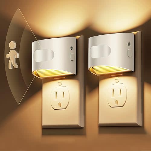 L LOHAS LED Motion Sensor Night Light, Dusk to Dawn & Motion Activated LED Night Light, Night Lights Plug into Wall with 30-100lm Adjustable Brightness, 3000K Soft White, White Housing 2 Pack