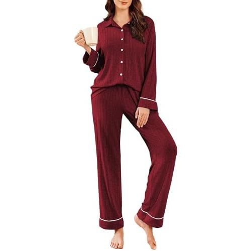 Ekouaer Womens Pajama Sets Long Sleeve Ribbed Knit Lounge Set Button Down Soft 2 Piece Pjs With Pockets