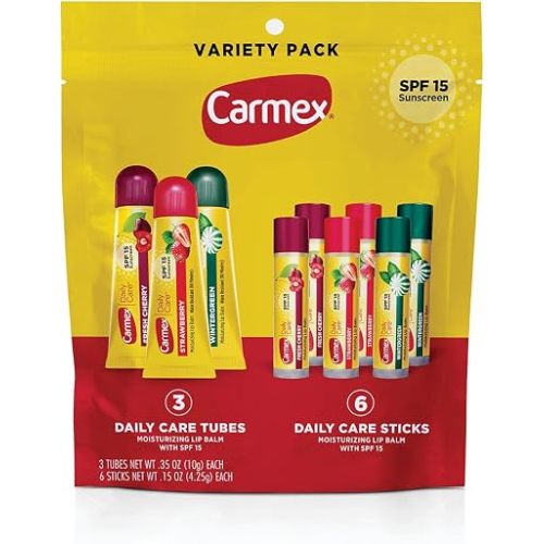 Carmex Daily Care Moisturizing Lip Balm Pack, SPF 15, Multi-Flavor Lip Care Variety Pack Bag, 9 Count (3 Tubes, 6 Sticks)