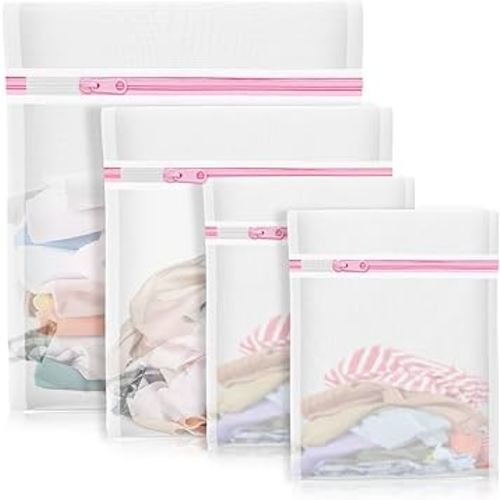 4Pcs Mesh Laundry Bags, Lingerie Bags for Washing Delicates,Mesh Wash Bags for Toy Storage & Cleaning, Travel Storage Organizer Bag, Dorm Room Essentials (1 Large, 1 Medium, 2 Small) (Fine Net)