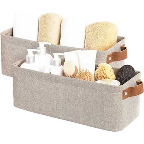 StorageWorks Narrow Storage Bins, Small Basket for Closet and Shelves, Fabric Organizer with Handles, Toilet Paper Storage, Brown and Beige, 2-Pack