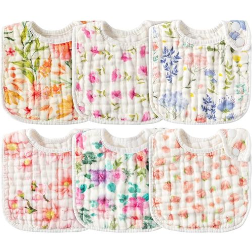 Zainpe 6Pcs Snap Muslin Cotton Baby Bibs Flowers Pattern Infants Feeding Bib Adjustable Machine Washable Girls Burp Cloths Unisex Drool Cloth with 6 Absorbent & Soft Layers for Eating and Teething