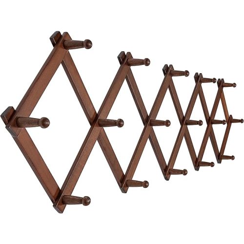 SKOLOO Accordion Wall Hanger with 16 Hooks, Modern Expandable Coat Rack Hat Rack for Wall, Solid Wooden, Walnut Color
