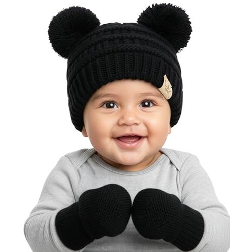 Funky Junque Baby Double Faux Fur Pom Pom Beanie & Mittens Set – Newborn Infant 0–9 Months Winter Hat with Soft Lined Mittens