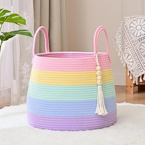 Large Nursery Hamper, 30L Blanket Basket with Handle, Baby Laundry Basket for Gift, Toy, Clothes, Woven Storage Basket with Wooden Bead Decor, Baby Hamper for Nursery(Rainbow)