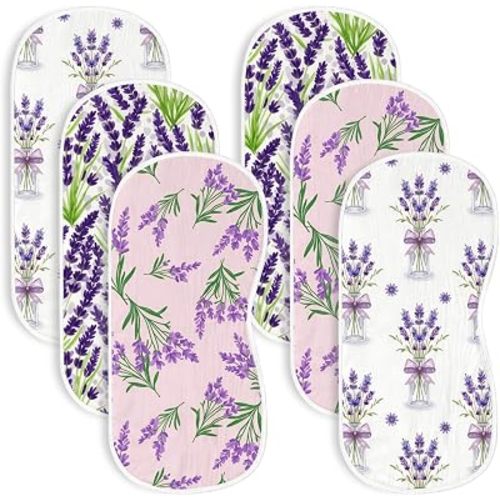 Purple Lavender Floral Baby Burp Cloths 6 Pack Soft Cotton Rags Large 20x10 Contoured Curved Shoulder Spit Up Pad Highly Absorbent Breathable Washcloths Newborn Essential Girl Neutral