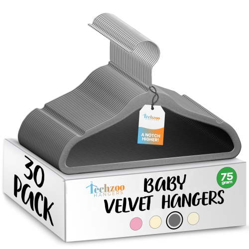 Techzoo Premium Baby Velvet Hangers 30 Pack – 11.8" Non Slip Felt Cloth Hangers for Closet – Ultra Slim, Space Saving Baby Clothes Hangers with 360° Swivel Hook Infant Hangers – Gray