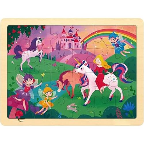 24 Piece Puzzles for Kids Ages 3-5, Unique Shape Jigsaw Pieces Fairy Princess, Wooden Jigsaw Puzzles for Toddlers, Preschool Puzzle for 3 4 5 Year Old Girls with Tray