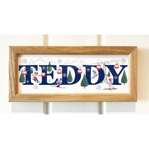 Skiing bedroom door sign plaque ski nursery sign Children's Kids winter sports name sign Illustration name art frame new baby shower gift