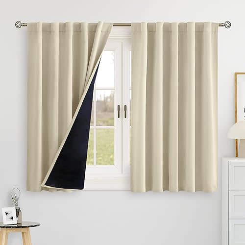BGment Beige 100% Blackout 48 Inch Curtains for Small Window, Rod Pocket and Back Tab Double Layer Black Out Thermal Insulated Room Darkening Curtain for Kitchen, 2 Panels, Each 42 x 48 Inch