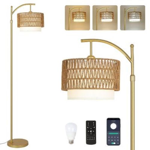 KTMBDW Dimmable Floor Lamp, LED Edison Bulb Included, Arc Floor Lamps for Living Room Modern Standing Lamp with Linen Shade for Bedroom Office, Gold